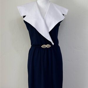 St. John Blue and White Asymmetrical Sheath Dress